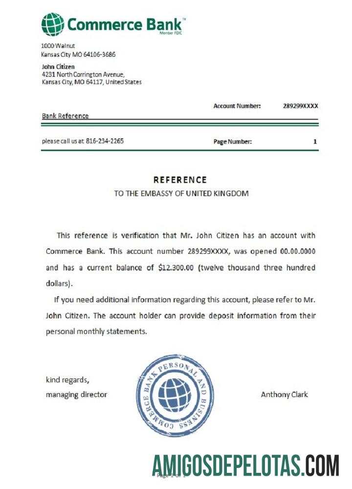 Referência do Banco Comercial dos EUA exemplo real